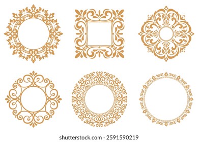Set of decorative frames Elegant vector element for design in Eastern style, place for text. Floral golden and white borders. Lace illustration for invitations and greeting cards