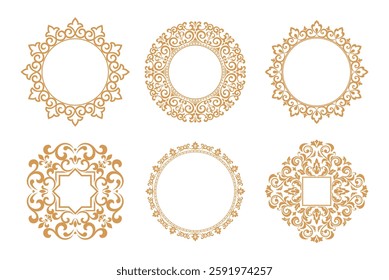 Set of decorative frames Elegant vector element for design in Eastern style, place for text. Floral golden and white borders. Lace illustration for invitations and greeting cards