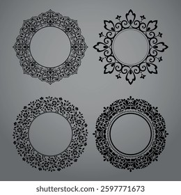 Set of decorative frames Elegant vector element for design in Eastern style, place for text. Floral black and gray borders. Lace illustration for invitations and greeting cards
