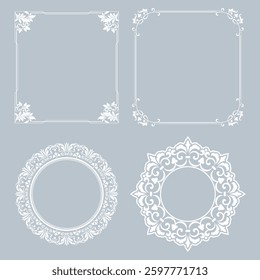 Set of decorative frames Elegant vector element for design in Eastern style, place for text. Floral gray and white borders. Lace illustration for invitations and greeting cards