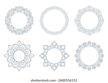 Set of decorative frames Elegant vector element for design in Eastern style, place for text. Floral gray and white borders. Lace illustration for invitations and greeting cards