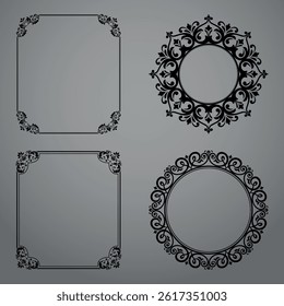 Set of decorative frames Elegant vector element for design in Eastern style, place for text. Floral black and gray borders. Lace illustration for invitations and greeting cards