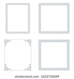 Set of decorative frames Elegant vector element for design in Eastern style, place for text. Floral gray and white borders. Lace illustration for invitations and greeting cards