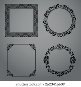 Set of decorative frames Elegant vector element for design in Eastern style, place for text. Floral black and gray borders. Lace illustration for invitations and greeting cards