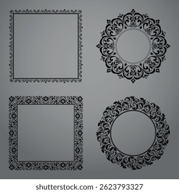 Set of decorative frames Elegant vector element for design in Eastern style, place for text. Floral black and gray borders. Lace illustration for invitations and greeting cards