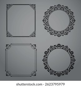 Conjunto de quadros decorativos Elemento vetor elegante para design em estilo oriental, lugar para texto. Bordas pretas e cinzentas florais. Ilustração de renda para convites e cartões de saudação
