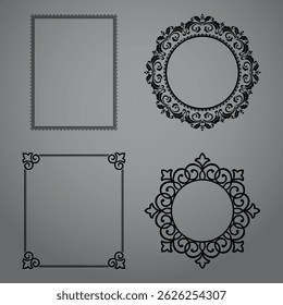 Set of decorative frames Elegant vector element for design in Eastern style, place for text. Floral black and gray borders. Lace illustration for invitations and greeting cards