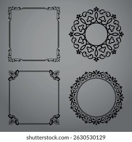 Set of decorative frames Elegant vector element for design in Eastern style, place for text. Floral black and gray borders. Lace illustration for invitations and greeting cards