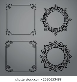 Set of decorative frames Elegant vector element for design in Eastern style, place for text. Floral black and gray borders. Lace illustration for invitations and greeting cards