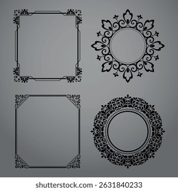 Set of decorative frames Elegant vector element for design in Eastern style, place for text. Floral black and gray borders. Lace illustration for invitations and greeting cards