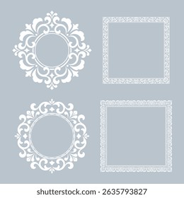 Set of decorative frames Elegant vector element for design in Eastern style, place for text. Floral gray and white borders. Lace illustration for invitations and greeting cards