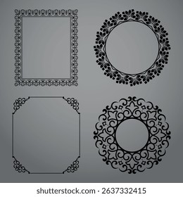 Set of decorative frames Elegant vector element for design in Eastern style, place for text. Floral black and gray borders. Lace illustration for invitations and greeting cards