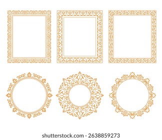 Set of decorative frames Elegant vector element for design in Eastern style, place for text. Floral golden and white borders. Lace illustration for invitations and greeting cards