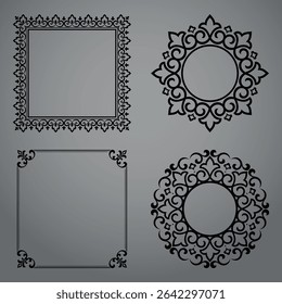 Set of decorative frames Elegant vector element for design in Eastern style, place for text. Floral black and gray borders. Lace illustration for invitations and greeting cards