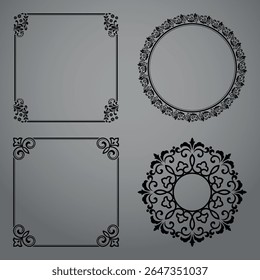 Set of decorative frames Elegant vector element for design in Eastern style, place for text. Floral black and gray borders. Lace illustration for invitations and greeting cards