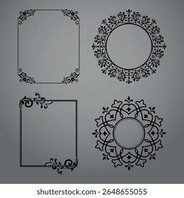 Set of decorative frames Elegant vector element for design in Eastern style, place for text. Floral black and gray borders. Lace illustration for invitations and greeting cards