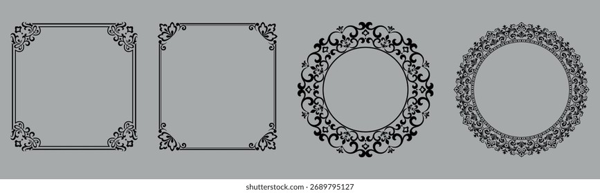 Conjunto de quadros decorativos Elemento vetor elegante para design em estilo oriental, lugar para texto. Bordas pretas e cinzentas florais. Ilustração de renda para convites e cartões de saudação
