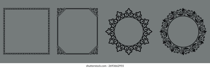 Set of decorative frames Elegant vector element for design in Eastern style, place for text. Floral black and gray borders. Lace illustration for invitations and greeting cards