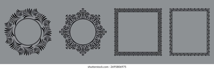 Set of decorative frames Elegant vector element for design in Eastern style, place for text. Floral black and gray borders. Lace illustration for invitations and greeting cards