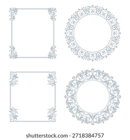 Conjunto de marcos decorativos Elemento de Vector elegante para el diseño en estilo oriental, lugar para el texto. Bordes florales grises y blancos. Ilustración de encaje para invitaciones y tarjetas de felicitación