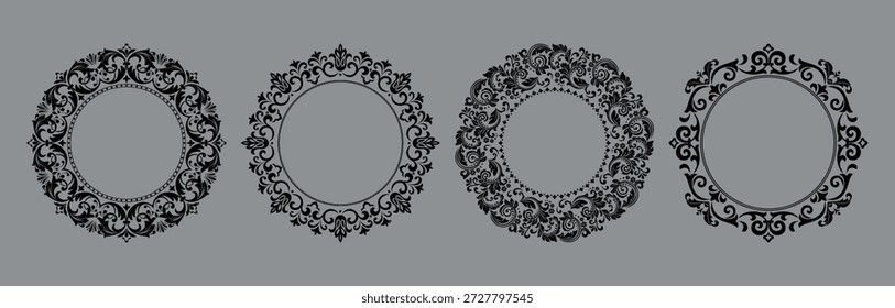 Conjunto de marcos decorativos Elemento de Vector elegante para el diseño en estilo oriental, lugar para el texto. Bordes florales negros y grises. Ilustración de encaje para invitaciones y tarjetas de felicitación