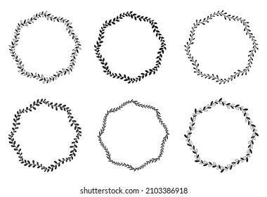 Set of decorative frames. Floral ornaments. Round borders made of leaves. Black and white decorative elements. Circle pattern. Design background for invitations and holiday cards.