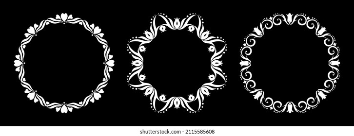 Set of decorative frames. Floral ornaments. Round borders made of decorative elements. Circle pattern. Design background for invitations and holiday cards.