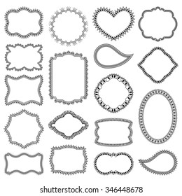 Set of decorative frames with flowers, swirls and hearts. Isolated on white background