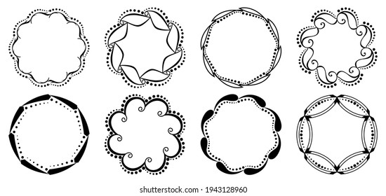 Set of decorative frames. Geometric ornaments. Circle pattern. Round borders made of decorative elements and dots. Design background for invitations and holiday cards.