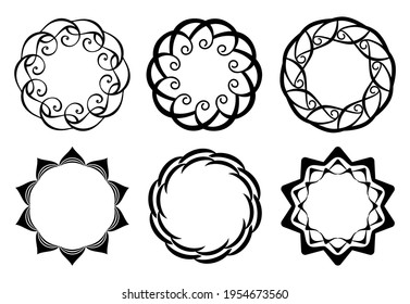 Set of decorative frames. Geometric ornaments. Round borders made of lines and decorative elements. Circle pattern. Design background for invitations and holiday cards.