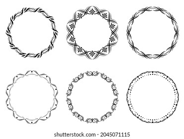 Set of decorative frames. Geometric ornaments. Round borders made of lines and decorative elements. Circle pattern. Design background for invitations and holiday cards.