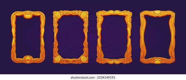 Set of decorative frames, golden with engraving or carved wooden. Template of empty frame A4 format with pattern. Vintage frame with geometric ornament. Vector cartoon illustration.