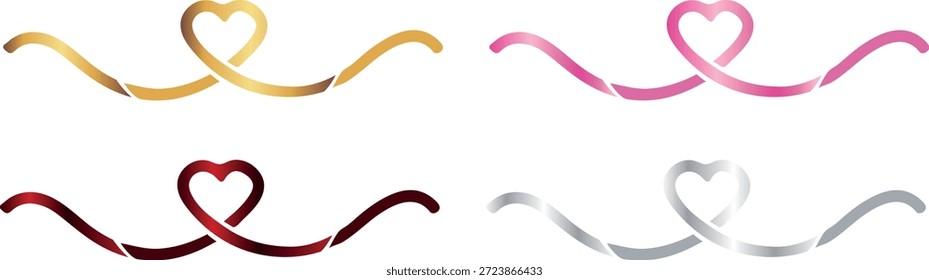 conjunto de quadros decorativos com corações e fitas nas laterais com gradientes coloridos, para o design de cartões postais, banners ou cartazes