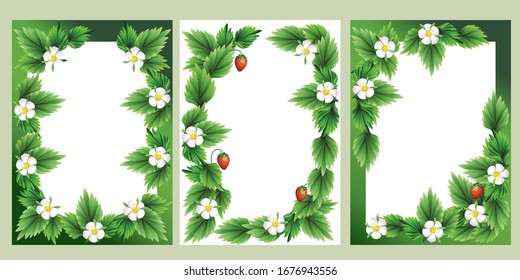 set of decorative frames made of leaves, flowers and strawberries. three options in postcard format. there is space for text. it can be used as a template for greetings. stock vector illustration. 