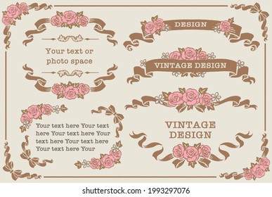 Set of decorative frames and ornaments, dividers with flowers, ribbons in vintage style. Vector illustration.