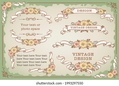 Set of decorative frames and ornaments, dividers with flowers, ribbons in vintage style. Vector illustration.