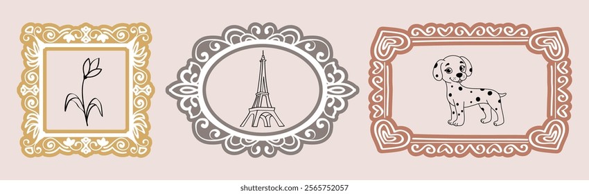 A set of decorative frames for photos, paintings or mirrors. Vintage fashion frames of different shapes, retro design. Hand-drawn vector illustration in doodle style, isolated design elements.