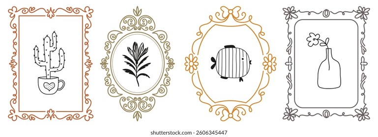 A set of decorative frames for photos, paintings or mirrors. Vintage fashion frames of different shapes, retro design, doodles. Hand-drawn vector illustration with an empty space for a picture or text