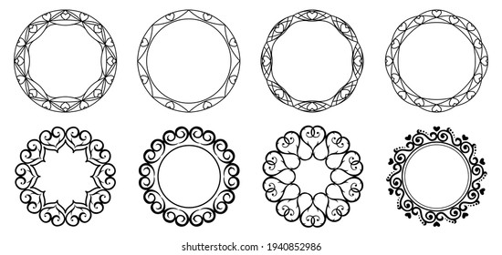 Set of decorative frames. Round pattern of lines and hearts. Circle shapes. Designer templates for invitations and holiday cards.