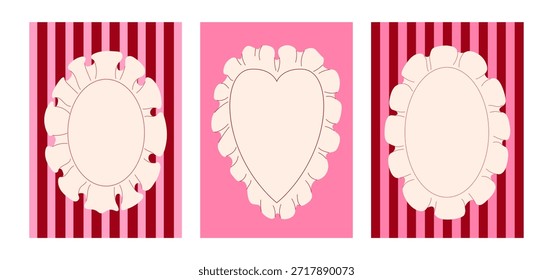 Conjunto de marcos decorativos con manteles individuales con volantes sobre fondos a rayas. Ilustración plana de Vector. Tarjeta de felicitación de vacaciones románticas Plantillas