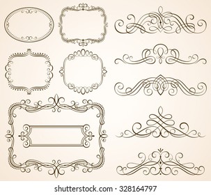 Set of decorative frames and scroll elements vector illustration.