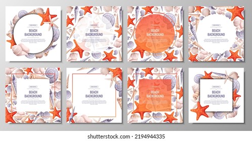 Set decorative frames and shells  starfish isolated white  Square wreath and nautical elements   underwater animals for postcards  nautical party invitations  Cartoon vector illustration