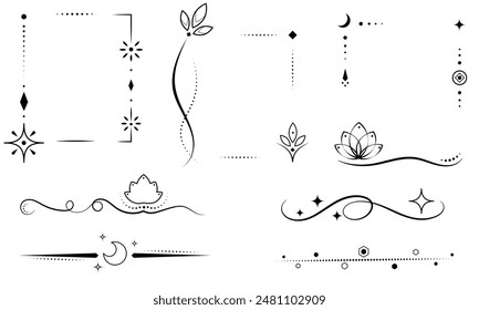 Set of Decorative  Frames, Swirls Dividers, Vintage Elements, Hand drawn, Floral Ornament, Lotus, Hand drawn, Vector illustration, Collection, Ribbon, Branch, Wedding, Isolated, Black	