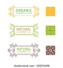 Set of decorative frames with swirls and floral elements for natural cosmetics. Set of seamless patterns. Vector.