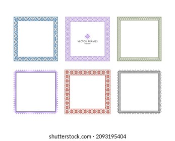 Set of decorative frames with traditional cross-stitch elements. Folklore embroidery with stylized flowers. Vector illustration on white background.