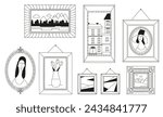 Set of decorative frames of various shapes with paintings - portrait, landscape, still life. Black and white retro design, line style, hand drawn vector illustration