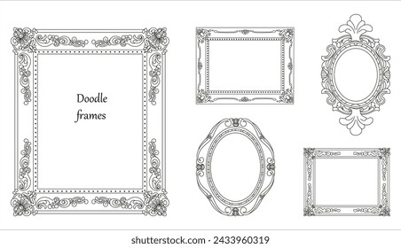 Eine Reihe von dekorativen Rahmen in verschiedenen Formen für Ihre Galerie von Gemälden, Text oder Zitate, Spiegel. Klassisches Ornament, schöne Form. Retro-Design, Linienstil, Hand gezeichnete Vektor-Illustration