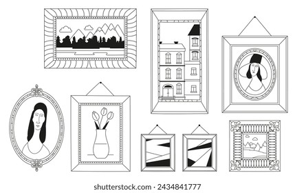 Set of decorative frames of various shapes with paintings - portrait, landscape, still life. Black and white retro design, line style, hand drawn vector illustration