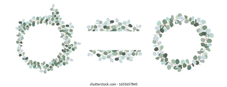 Set of decorative frames and wreaths of green eucalyptus. Design elements for invitations, weddings, cards, spring and summer holidays. Vector illustration isolated on white