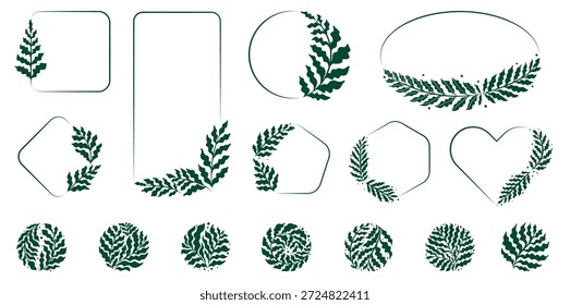 Conjunto de molduras decorativas, coroas de flores e elementos de logotipo redondos com samambaias, design de planta botânica tropical abstrata para marca orgânica e embalagem